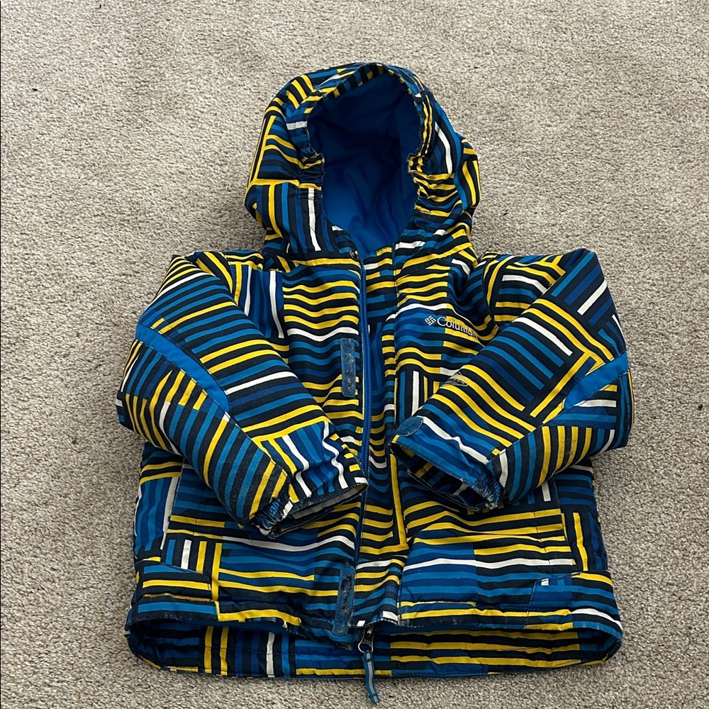 Columbia Kids Hooded Jacket in Blue, Yellow & Black Geometric Stripe